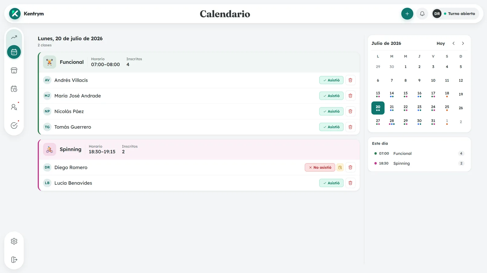 Calendario de clases de Kentrym con inscritos y asistencia marcada.