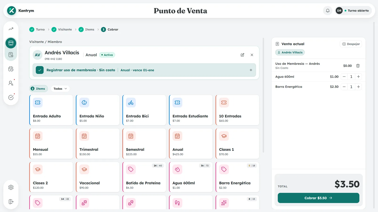 Punto de venta de Kentrym con un visitante seleccionado y artículos en el carrito.
